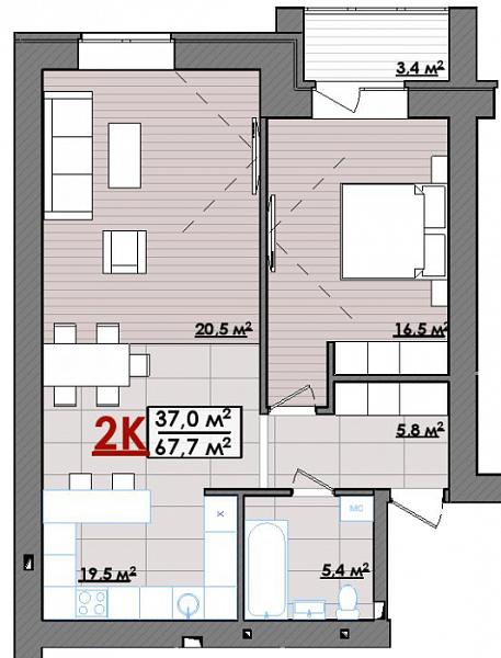 2-к квартира, Полевая, 107